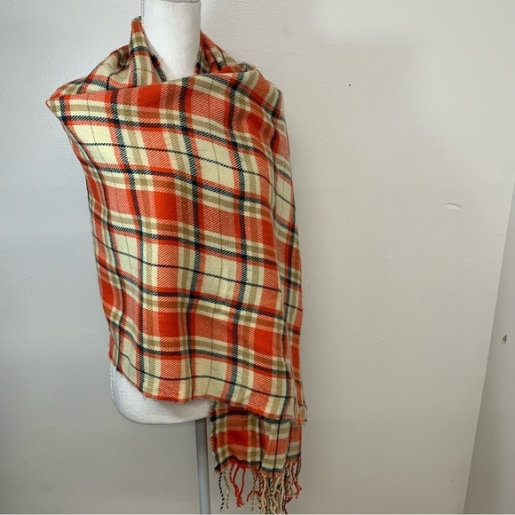 J Crew Scarf Wrap Shaw Plaid  Fringe Boho Preppy 26' X 70"  Lightweight Raw Hem - Picture 2 of 7